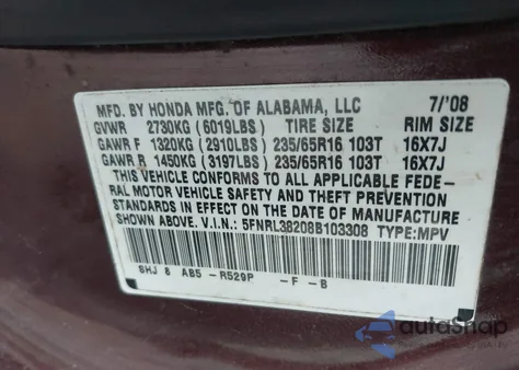 2008 Honda Odyssey Lx z USA, uszkodzony, nr VIN 5FNRL38208B103308